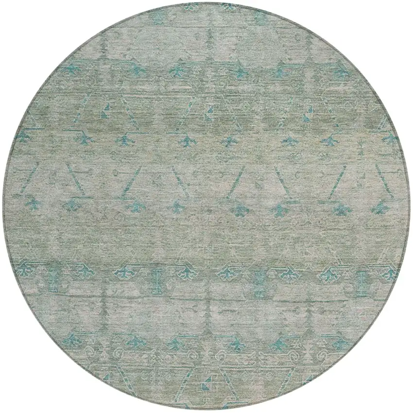 8' Teal Blue And Pewter Round Tribal Washable Indoor Outdoor Area Rug Photo 2