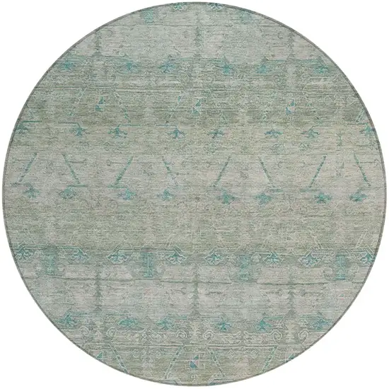 8' Teal Blue And Pewter Round Tribal Washable Indoor Outdoor Area Rug Photo 2