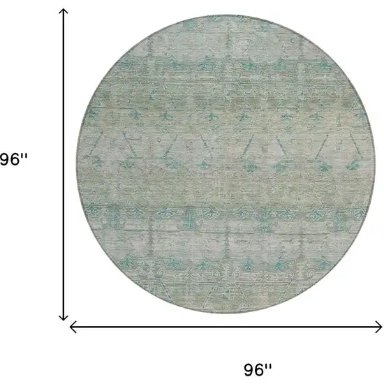 8' Teal Blue And Pewter Round Tribal Washable Indoor Outdoor Area Rug Photo 7
