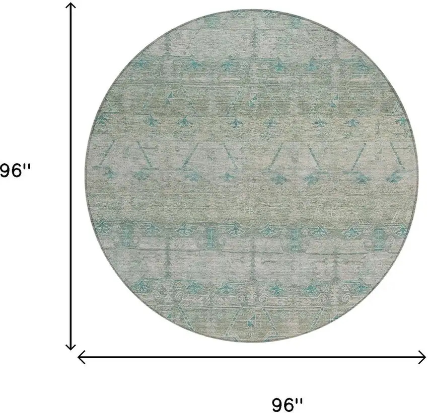 8' Teal Blue And Pewter Round Tribal Washable Indoor Outdoor Area Rug Photo 7