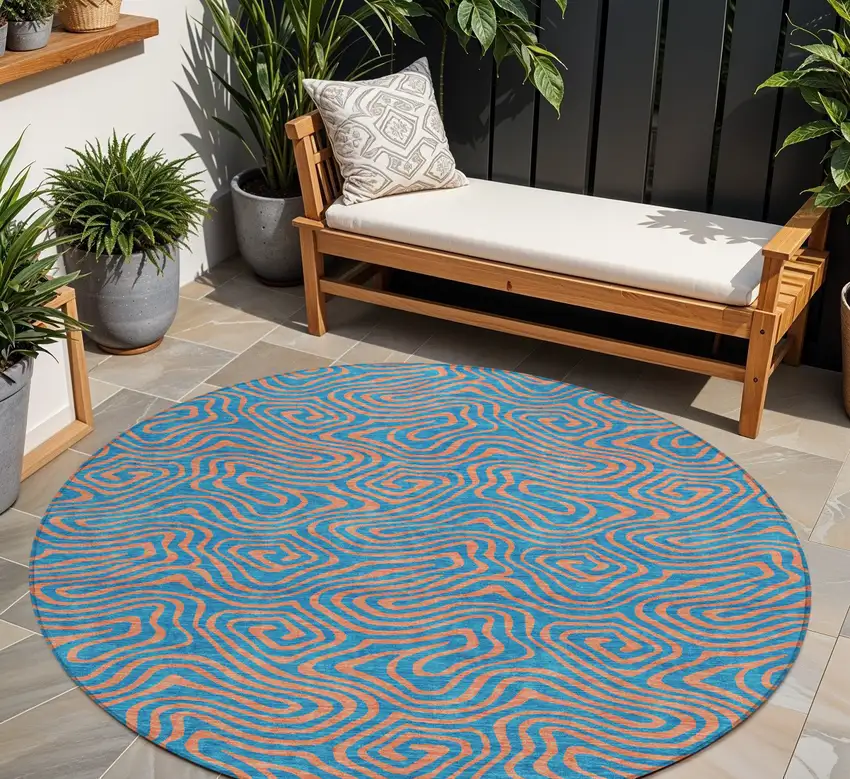 8' Teal Blue And Pink Round Abstract Washable Indoor Outdoor Area Rug Photo 1