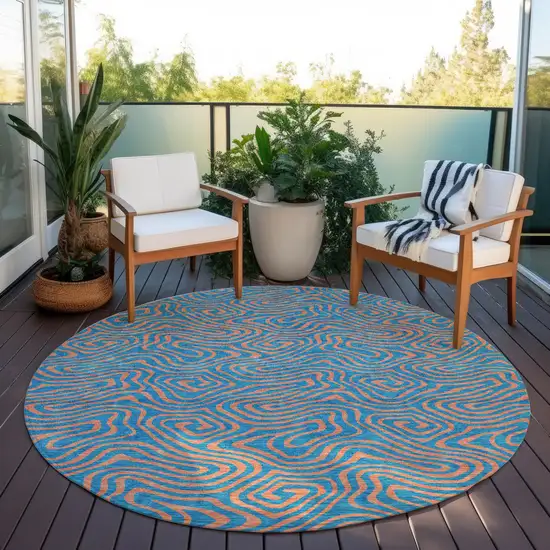 8' Teal Blue And Pink Round Abstract Washable Indoor Outdoor Area Rug Photo 7