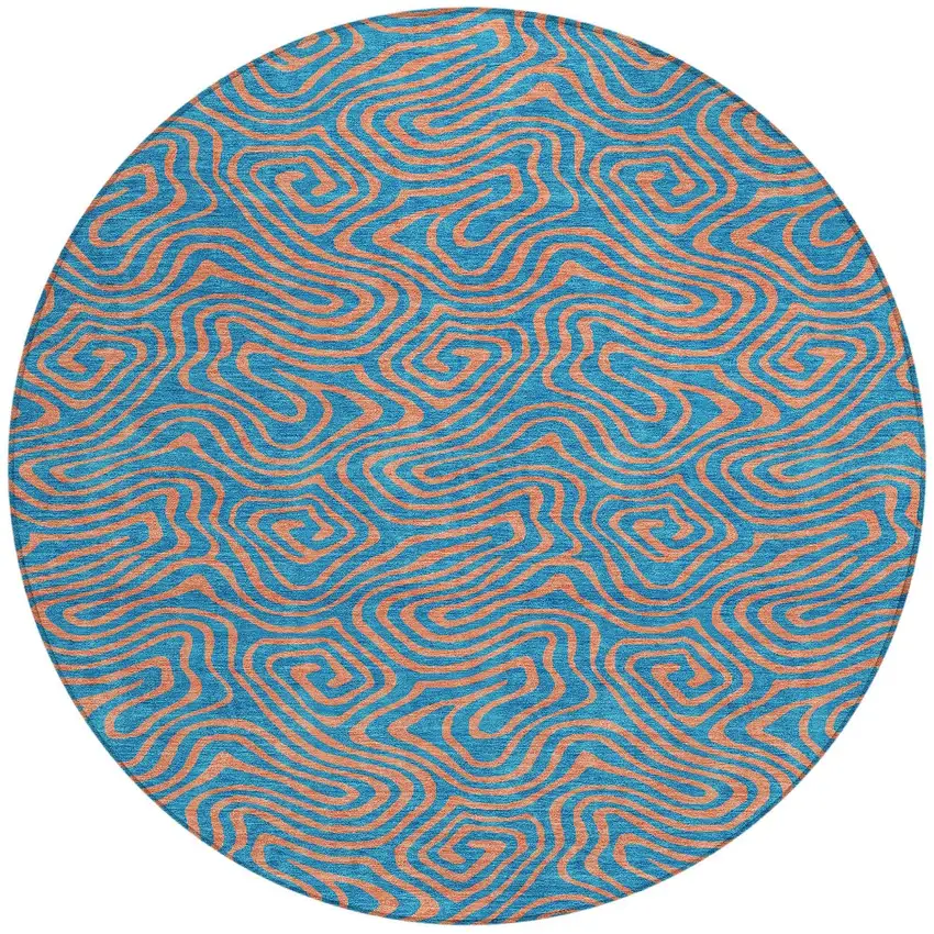 8' Teal Blue And Pink Round Abstract Washable Indoor Outdoor Area Rug Photo 5