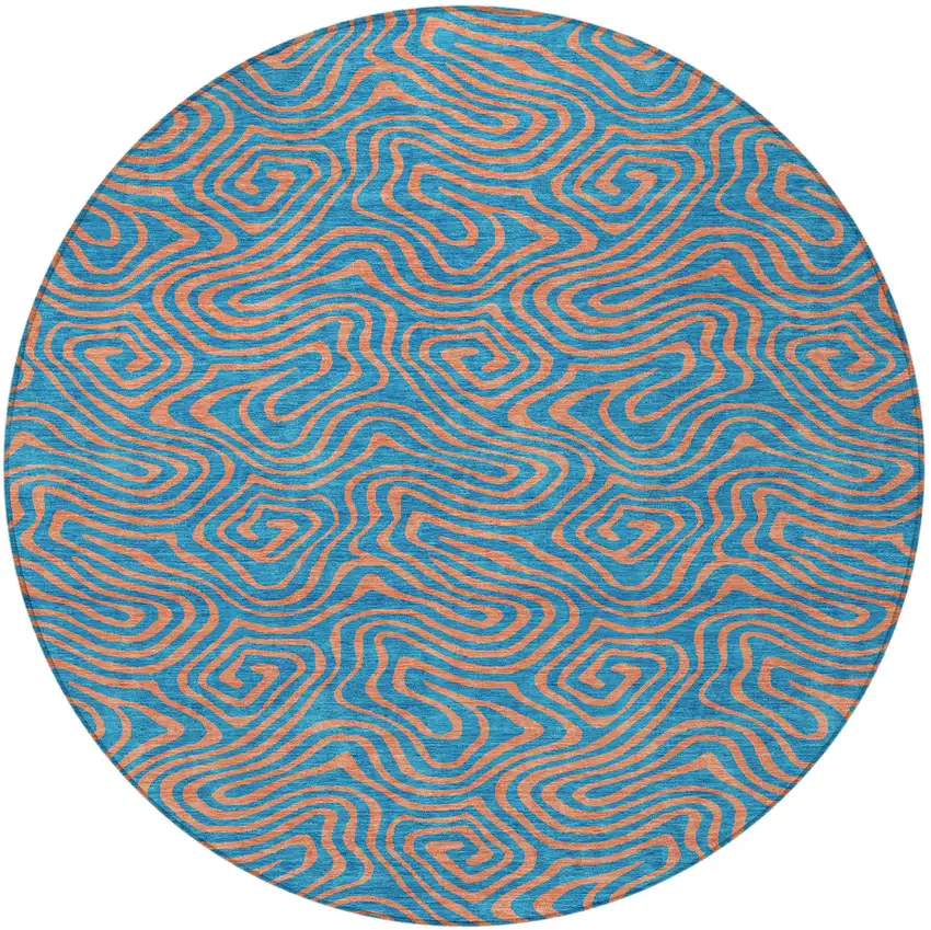 8' Teal Blue And Pink Round Abstract Washable Indoor Outdoor Area Rug Photo 6
