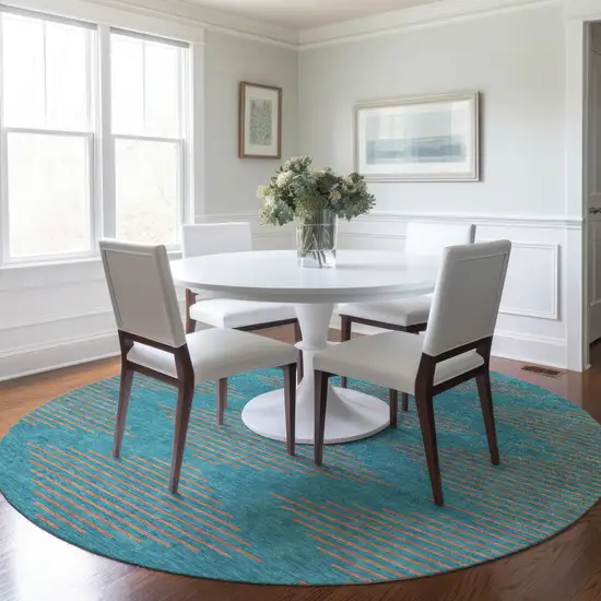 8' Teal Blue And Pink Round Geometric Washable Indoor Outdoor Area Rug Photo 8
