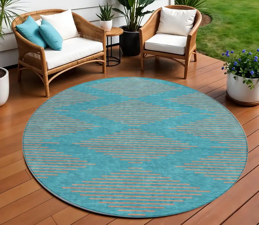 8' Teal Blue And Pink Round Geometric Washable Indoor Outdoor Area Rug Photo 1