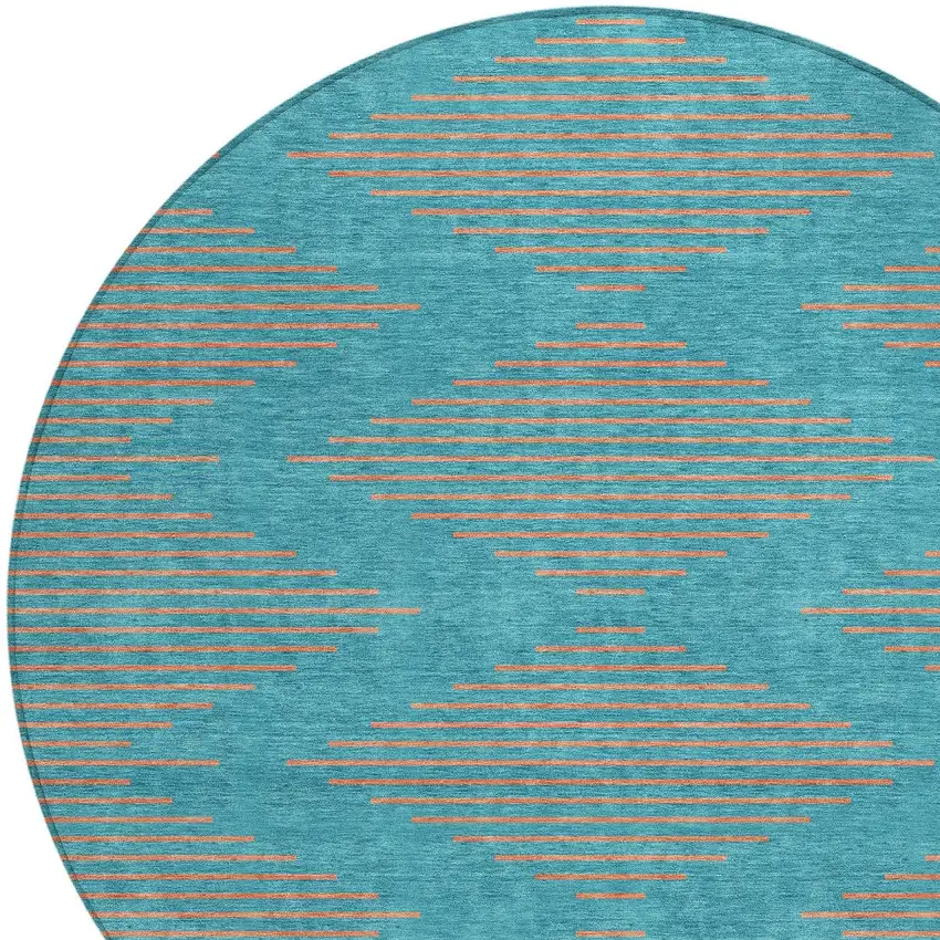 8' Teal Blue And Pink Round Geometric Washable Indoor Outdoor Area Rug Photo 5