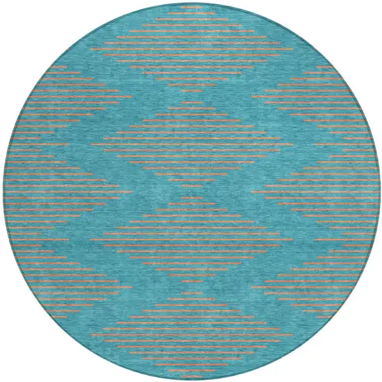 8' Teal Blue And Pink Round Geometric Washable Indoor Outdoor Area Rug Photo 2
