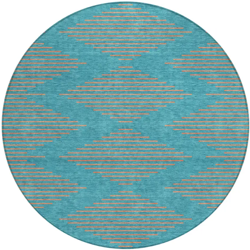 8' Teal Blue And Pink Round Geometric Washable Indoor Outdoor Area Rug Photo 2