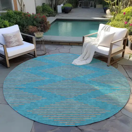 8' Teal Blue And Pink Round Geometric Washable Indoor Outdoor Area Rug Photo 7