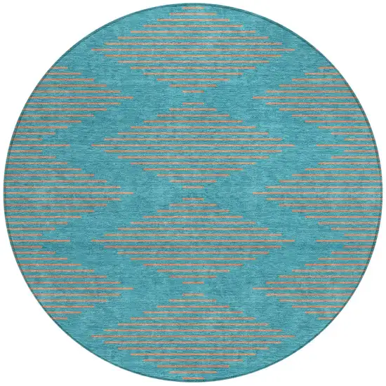 8' Teal Blue And Pink Round Geometric Washable Indoor Outdoor Area Rug Photo 6