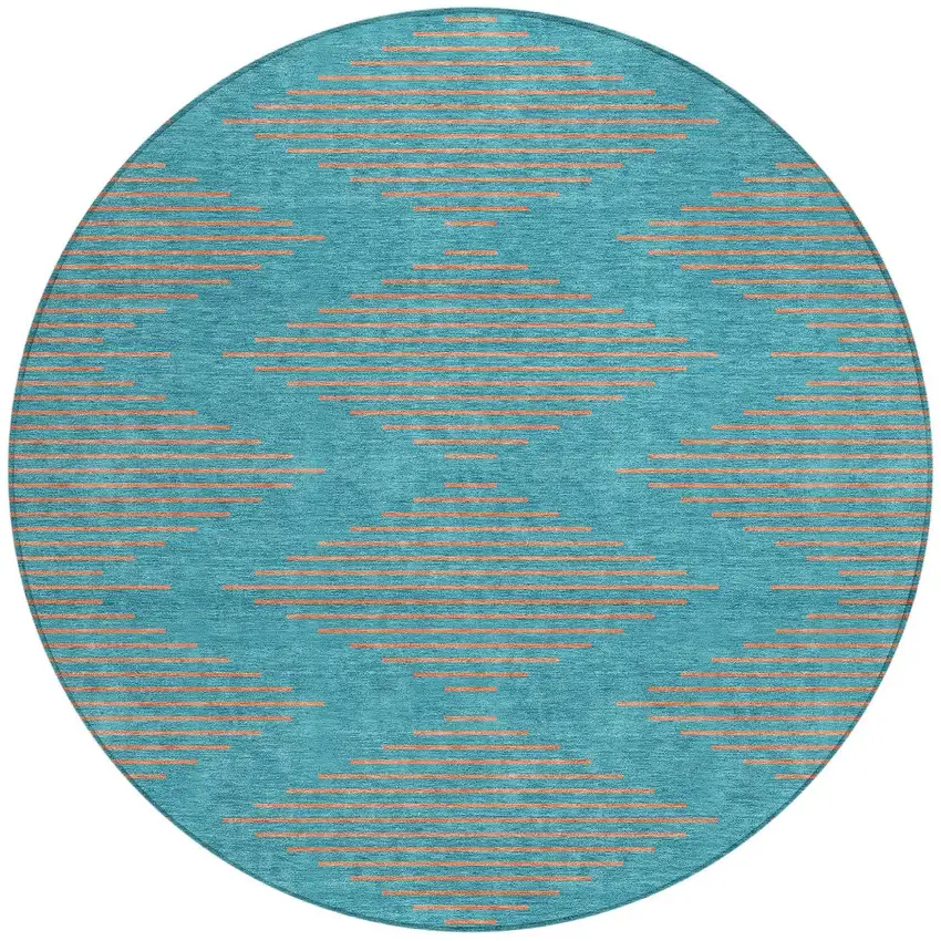8' Teal Blue And Pink Round Geometric Washable Indoor Outdoor Area Rug Photo 6