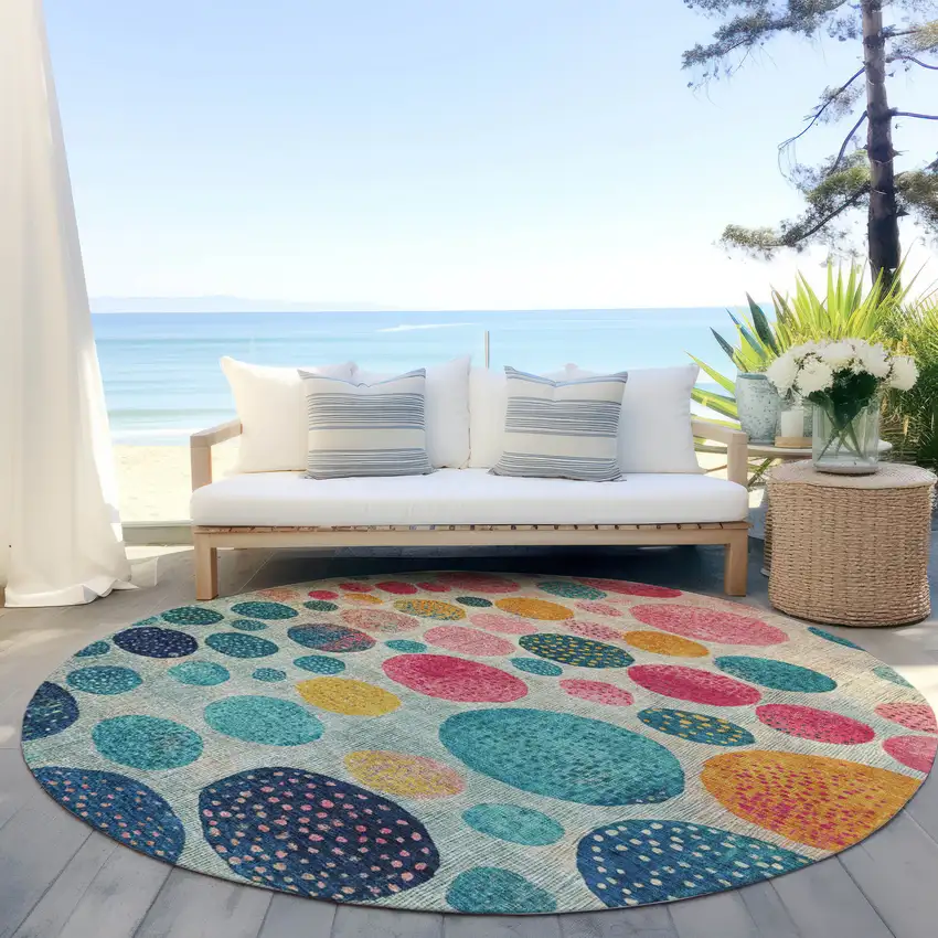 8' Teal Blue And Pink Round Geometric Washable Indoor Outdoor Area Rug Photo 5