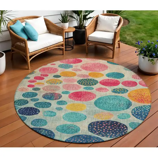 8' Teal Blue And Pink Round Geometric Washable Indoor Outdoor Area Rug Photo 2