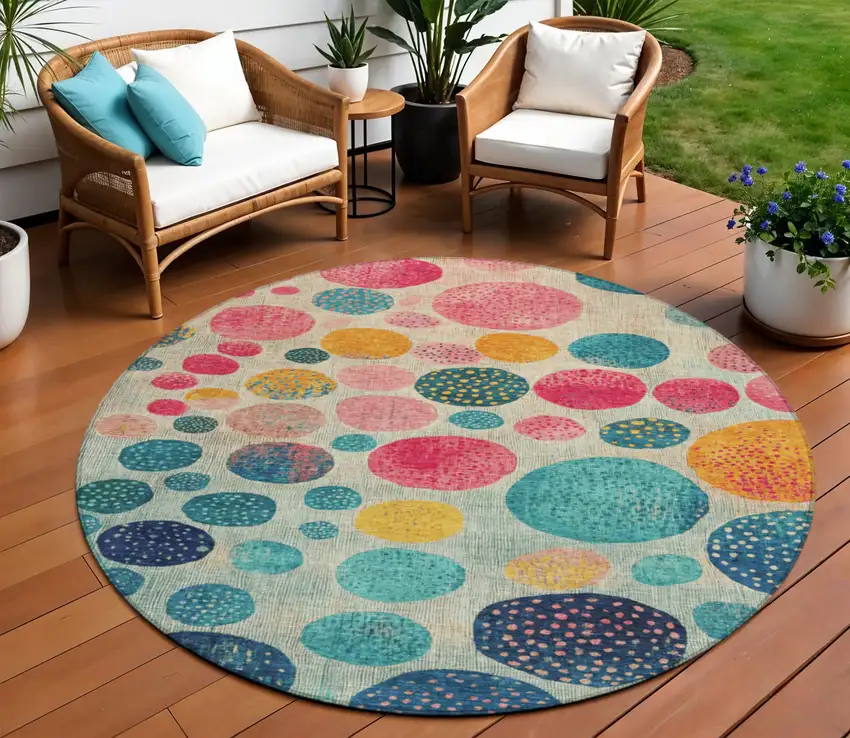 8' Teal Blue And Pink Round Geometric Washable Indoor Outdoor Area Rug Photo 2