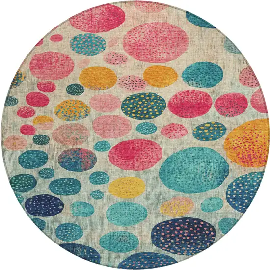 8' Teal Blue And Pink Round Geometric Washable Indoor Outdoor Area Rug Photo 1