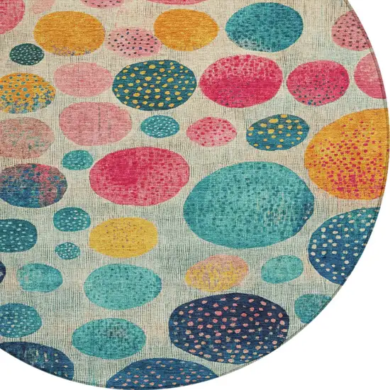 8' Teal Blue And Pink Round Geometric Washable Indoor Outdoor Area Rug Photo 7