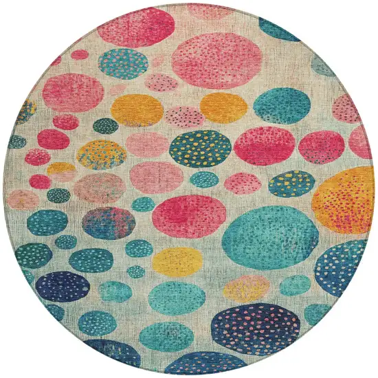 8' Teal Blue And Pink Round Geometric Washable Indoor Outdoor Area Rug Photo 3