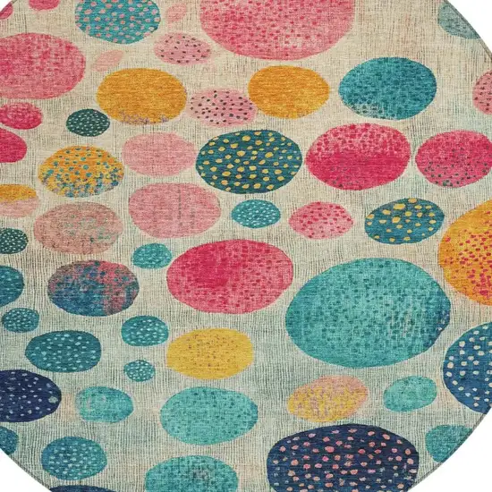 8' Teal Blue And Pink Round Geometric Washable Indoor Outdoor Area Rug Photo 4