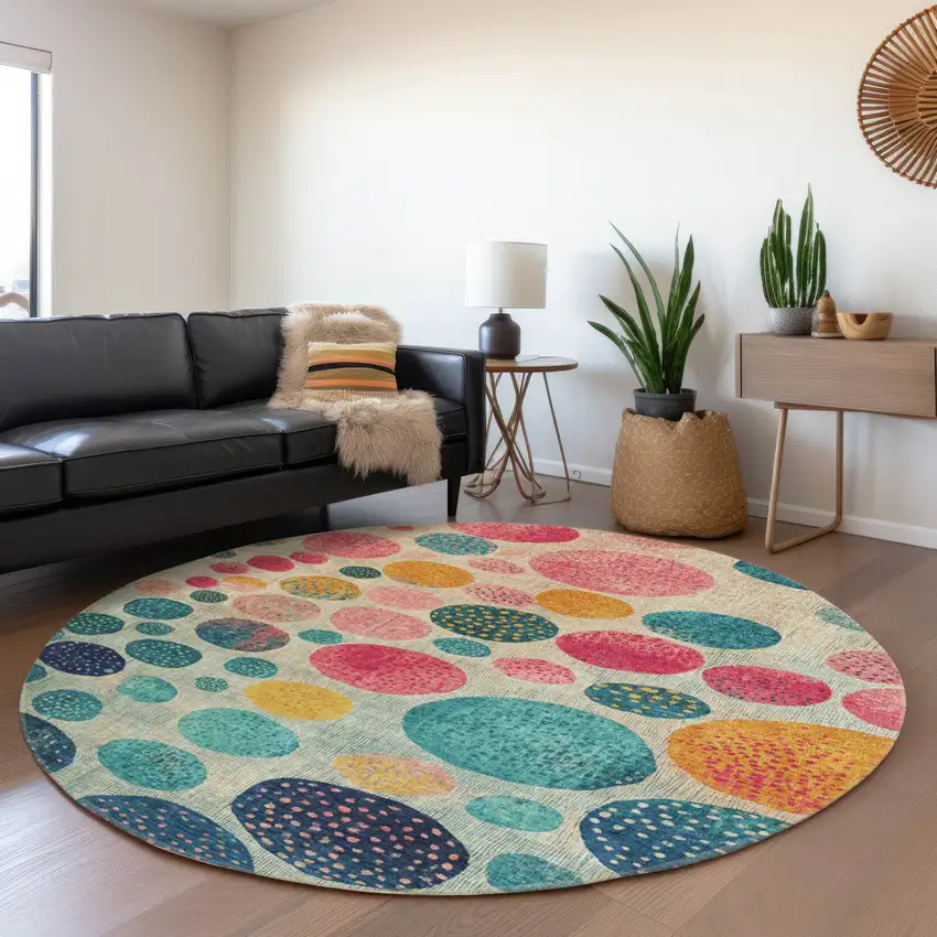 8' Teal Blue And Pink Round Geometric Washable Indoor Outdoor Area Rug Photo 6