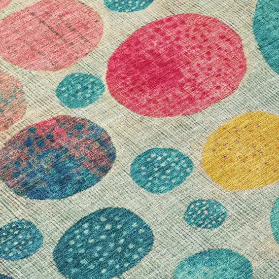 8' Teal Blue And Pink Round Geometric Washable Indoor Outdoor Area Rug Photo 9