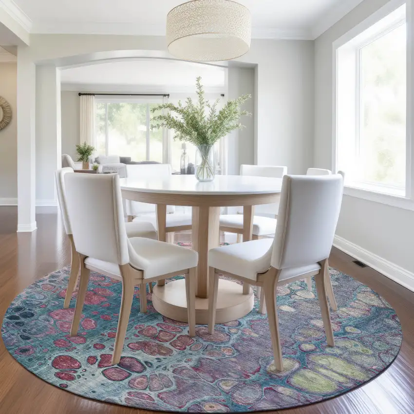 8' Teal Blue And Plum Round Abstract Washable Indoor Outdoor Area Rug Photo 6