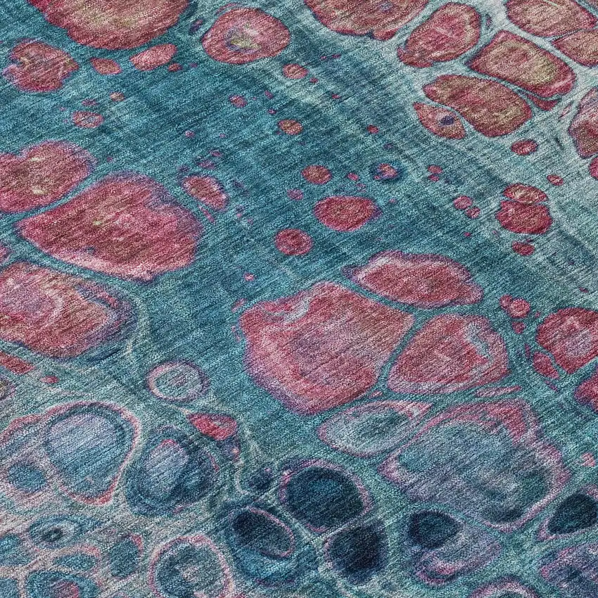 8' Teal Blue And Plum Round Abstract Washable Indoor Outdoor Area Rug Photo 8