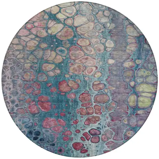 8' Teal Blue And Plum Round Abstract Washable Indoor Outdoor Area Rug Photo 3