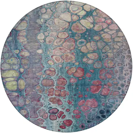 8' Teal Blue And Plum Round Abstract Washable Indoor Outdoor Area Rug Photo 4