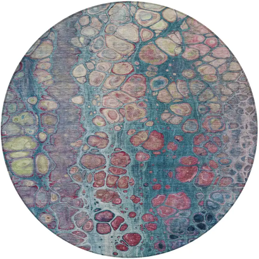 8' Teal Blue And Plum Round Abstract Washable Indoor Outdoor Area Rug Photo 4