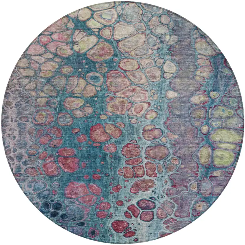 8' Teal Blue And Plum Round Abstract Washable Indoor Outdoor Area Rug Photo 1