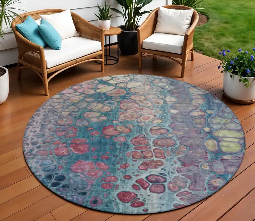 8' Teal Blue And Plum Round Abstract Washable Indoor Outdoor Area Rug Photo 2