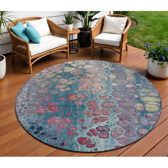 8' Teal Blue And Plum Round Abstract Washable Indoor Outdoor Area Rug Photo 2