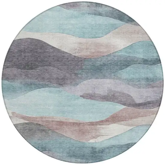 8' Teal Blue And Plum Round Abstract Washable Indoor Outdoor Area Rug Photo 3