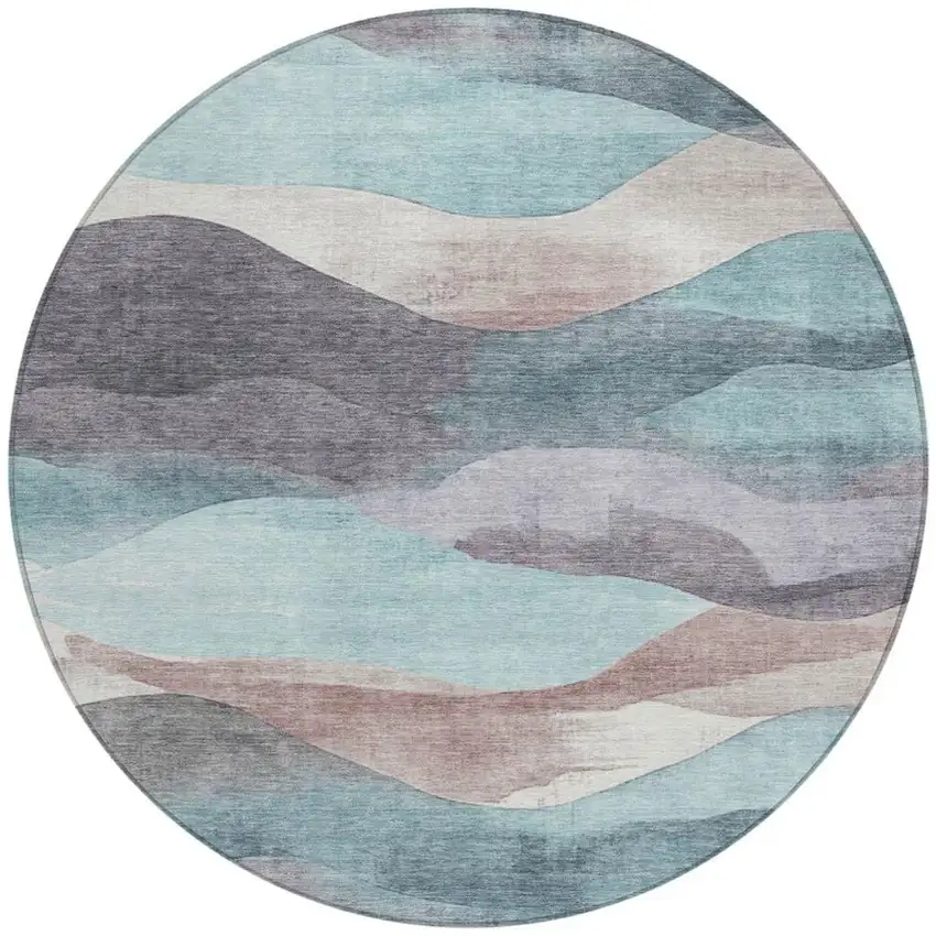 8' Teal Blue And Plum Round Abstract Washable Indoor Outdoor Area Rug Photo 3