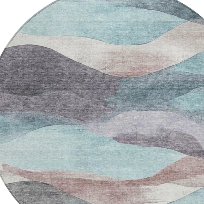 8' Teal Blue And Plum Round Abstract Washable Indoor Outdoor Area Rug Photo 4