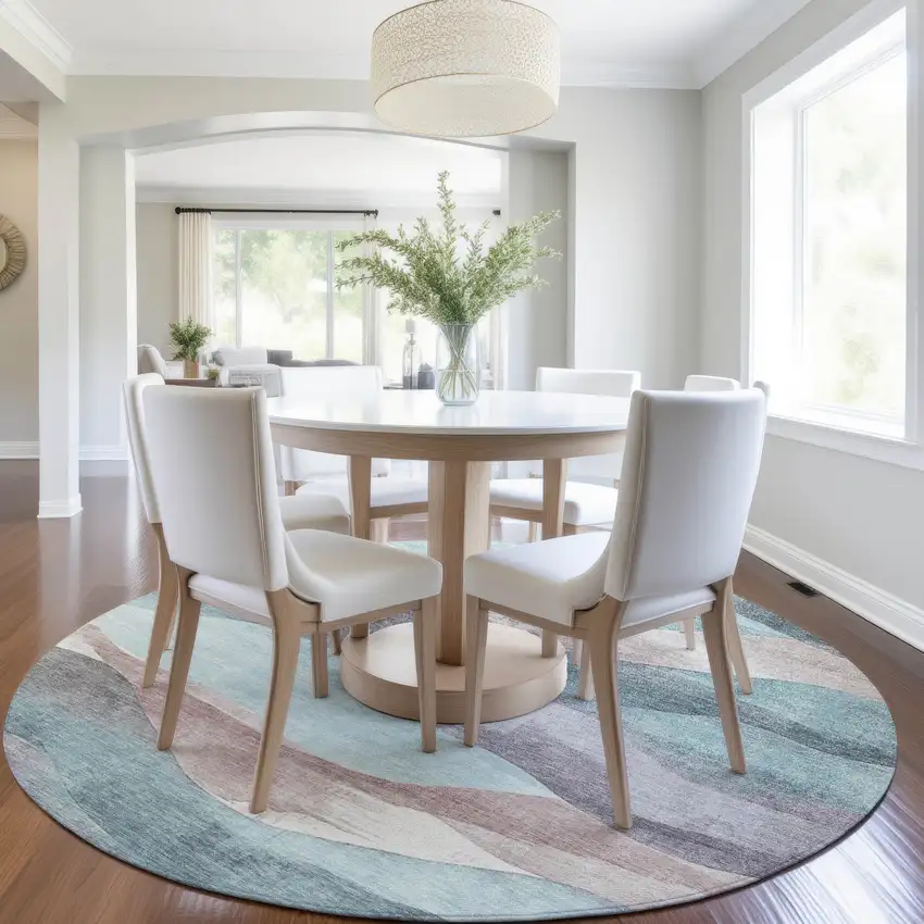 8' Teal Blue And Plum Round Abstract Washable Indoor Outdoor Area Rug Photo 7