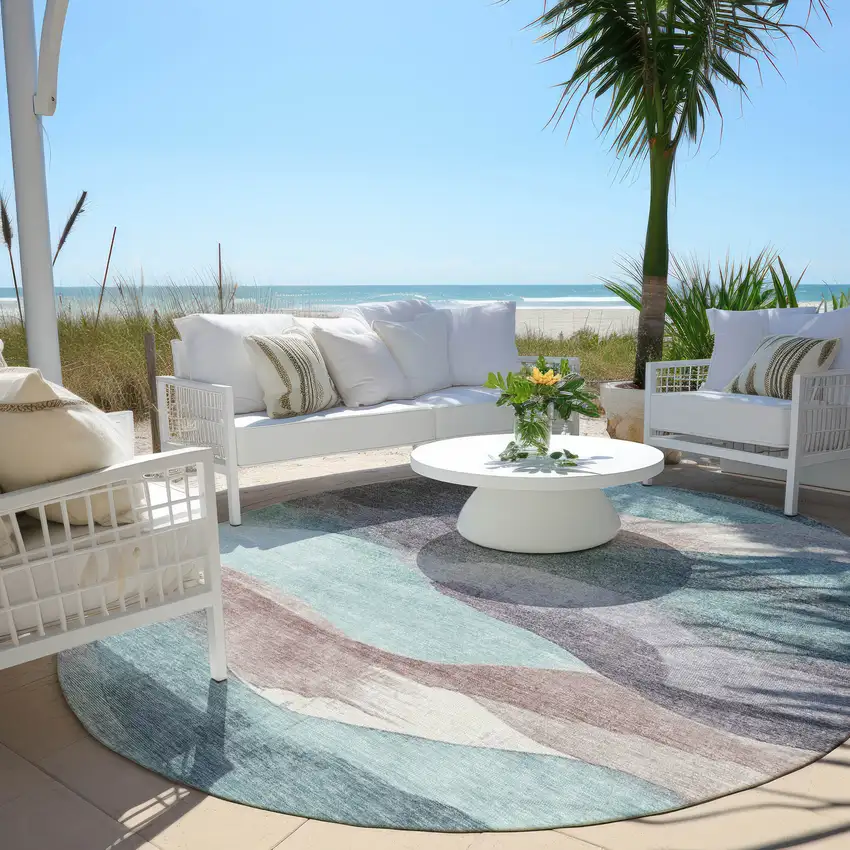 8' Teal Blue And Plum Round Abstract Washable Indoor Outdoor Area Rug Photo 6