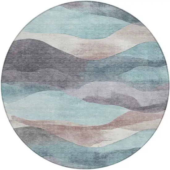 8' Teal Blue And Plum Round Abstract Washable Indoor Outdoor Area Rug Photo 1