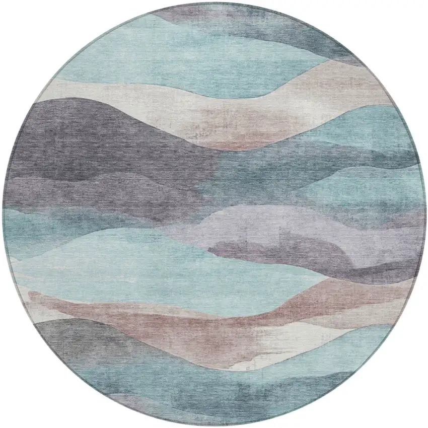 8' Teal Blue And Plum Round Abstract Washable Indoor Outdoor Area Rug Photo 1
