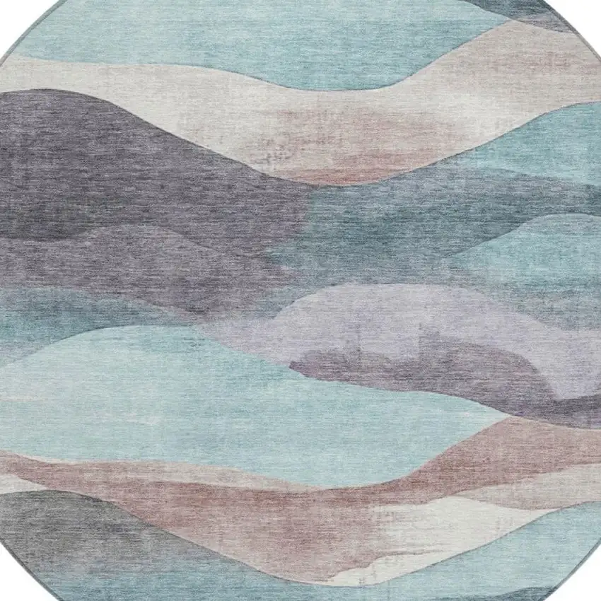 8' Teal Blue And Plum Round Abstract Washable Indoor Outdoor Area Rug Photo 9