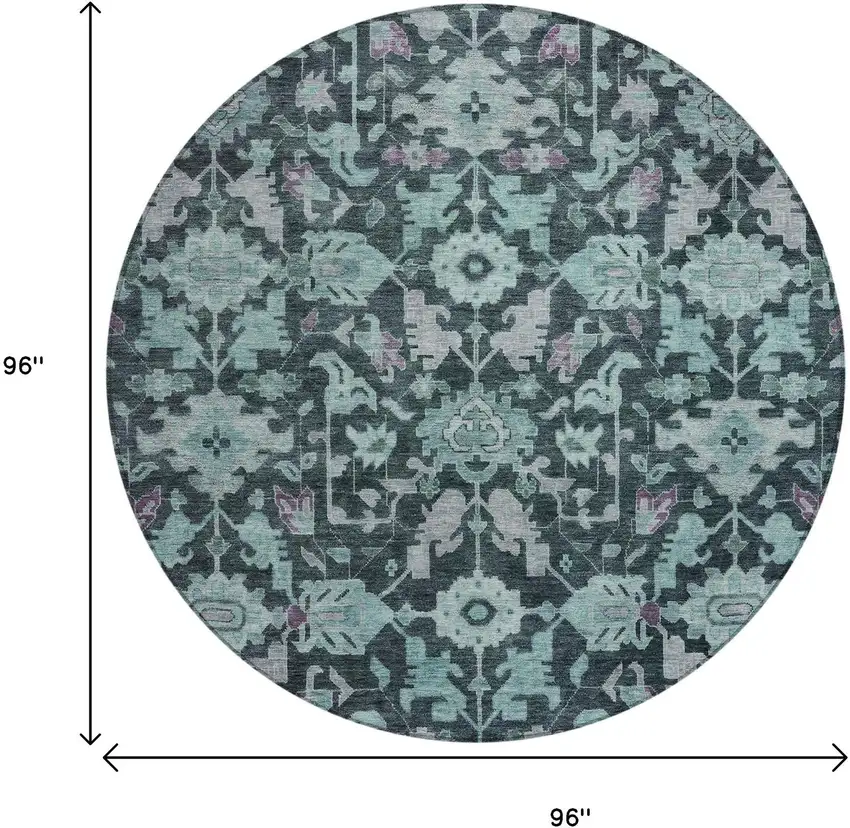 8' Teal Blue And Plum Round Floral Washable Indoor Outdoor Area Rug Photo 3