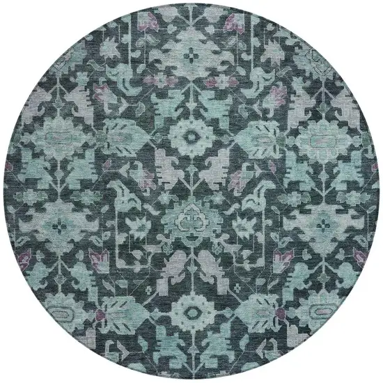 8' Teal Blue And Plum Round Floral Washable Indoor Outdoor Area Rug Photo 3