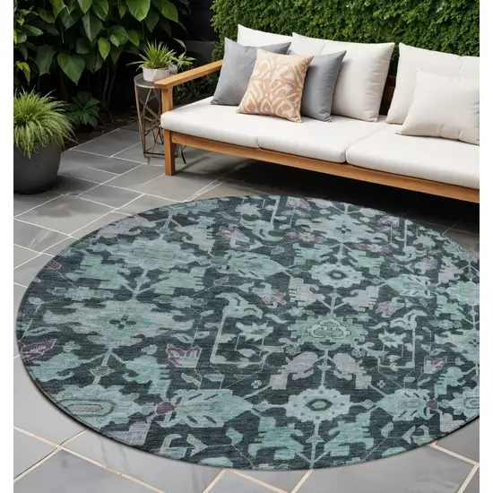 8' Teal Blue And Plum Round Floral Washable Indoor Outdoor Area Rug Photo 1