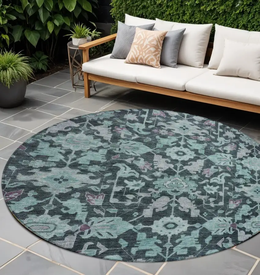 8' Teal Blue And Plum Round Floral Washable Indoor Outdoor Area Rug Photo 1
