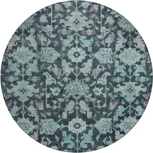 Photo of 8' Teal Blue And Plum Round Floral Washable Indoor Outdoor Area Rug