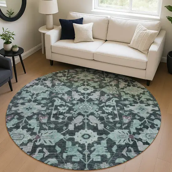 8' Teal Blue And Plum Round Floral Washable Indoor Outdoor Area Rug Photo 5