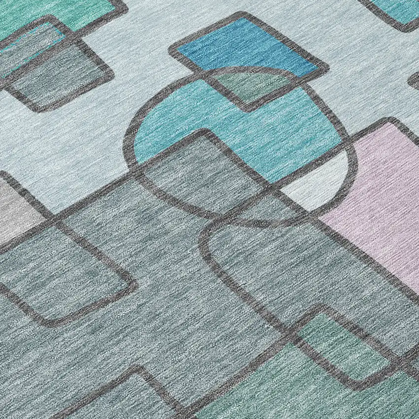 8' Teal Blue And Plum Round Geometric Washable Indoor Outdoor Area Rug Photo 7