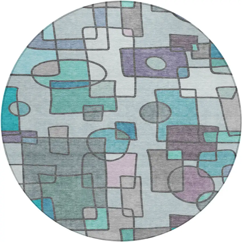 8' Teal Blue And Plum Round Geometric Washable Indoor Outdoor Area Rug Photo 1