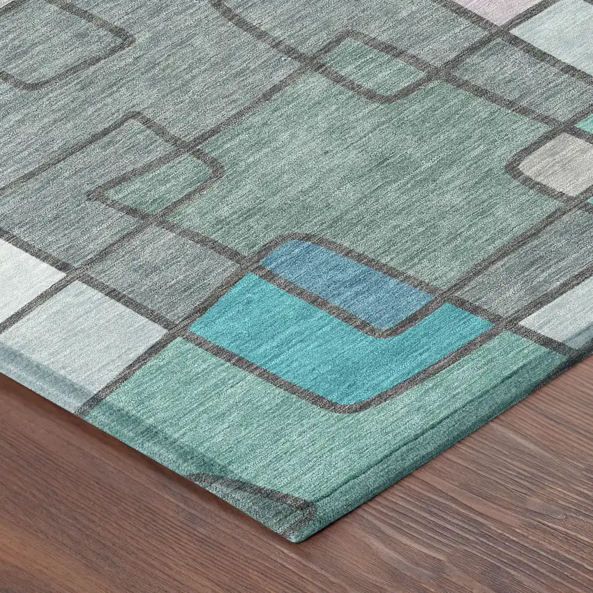8' Teal Blue And Plum Round Geometric Washable Indoor Outdoor Area Rug Photo 6